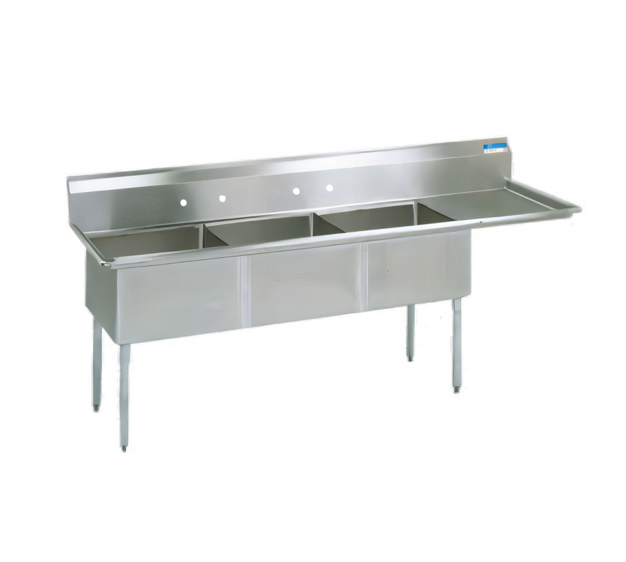 Product image #1 for BK Resources Three-Compartment Stainless Steel Sink with Right Drainboard, 24 x 24 x 14 Inch Bowls