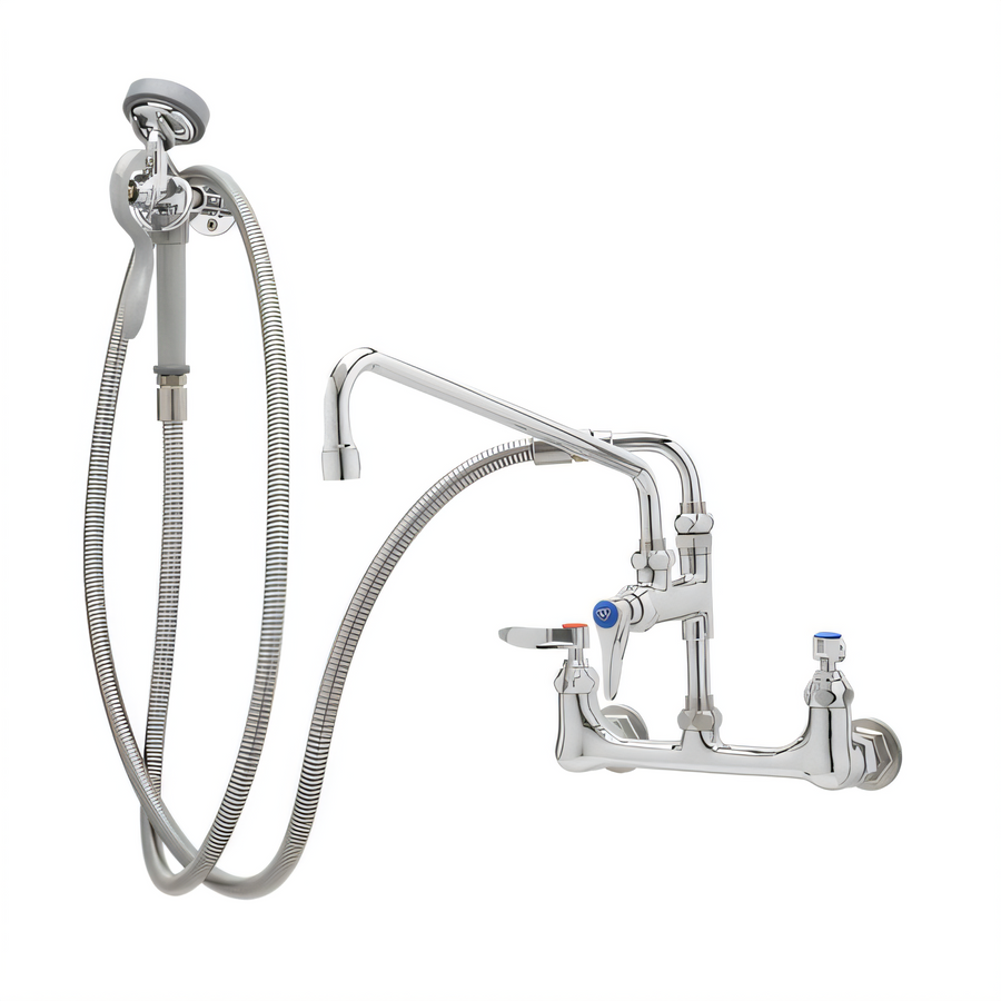 Product image #1 for T&S Brass B-0175 Wall-Mount Mixing Pre-Rinse Faucet Assembly with 8-Inch Adjustable Centers, 12-Inch Swing Nozzle, and 104-Inch Hose