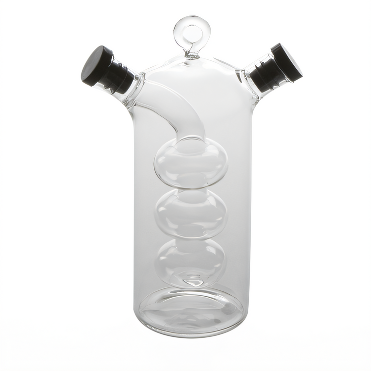 Product image #1 for American Metalcraft Dual-Chamber Oil & Vinegar Cruet, 12 oz Clear Hand-Blown Glass with Black Silicone Lids