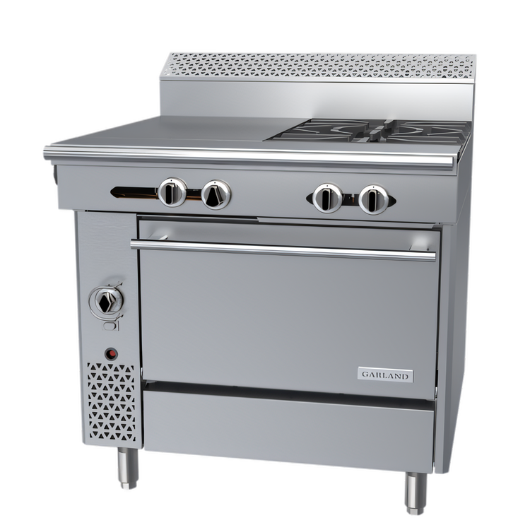 Product image #1 for Garland Cuisine Series 36-Inch Heavy Duty Gas Combination Top Range with 2 Open Burners, 18-Inch Hot Top, and Convection Oven