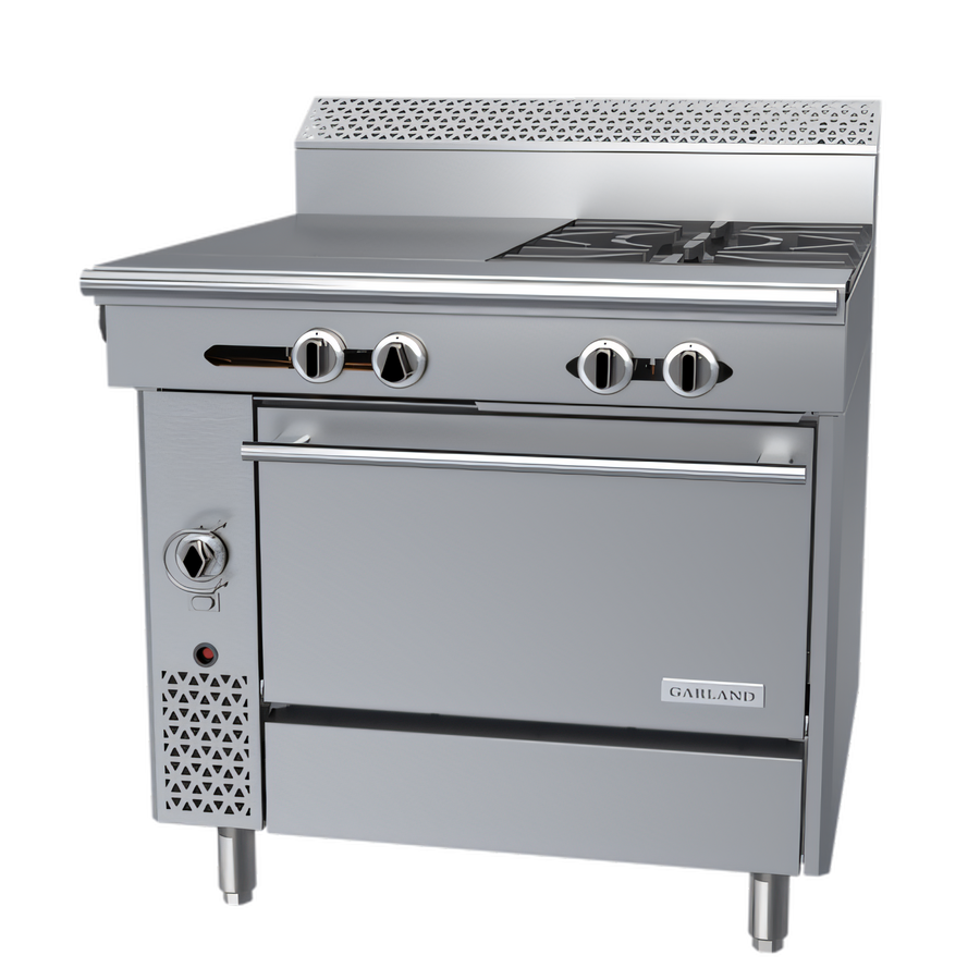 Product image #1 for Garland Cuisine Series 36-Inch Heavy Duty Gas Combination Top Range with 2 Open Burners, 18-Inch Hot Top, and Convection Oven