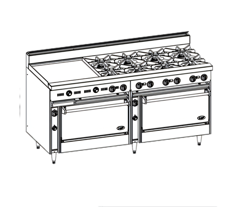 Product image #1 for Jade Range Bistro 72-Inch Shallow-Depth Commercial Gas Range with 12 Open Burners, Standard Oven, and Cabinet Base