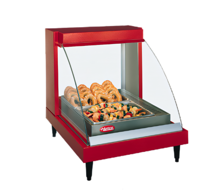 Product image #1 for Hatco Glo-Ray Designer Heated Display Case with Humidity, Curved Glass Countertop Hot Food Display, 1-Pan Single Shelf
