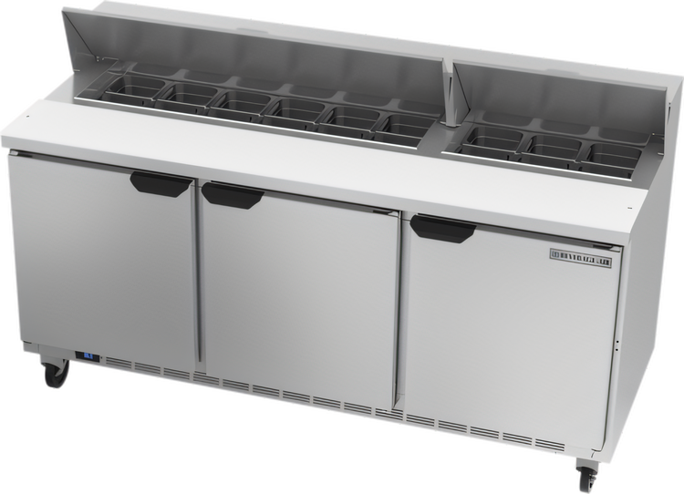Product image #1 for Beverage-Air Three-Section Sandwich Top Refrigerated Prep Table, 72-Inch Wide, 3 Doors, 18-Pan Top