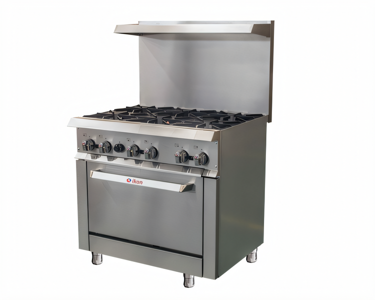 Product image #1 for IKON Cooking 36-Inch Natural Gas Commercial Range with 6 Burners, Standard Oven, and Back Riser Shelf
