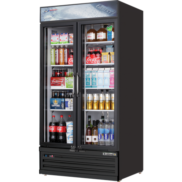 Product image #1 for Everest Refrigeration 2-Section Reach-In Glass Door Merchandiser Refrigerator, 36 Cu. Ft., Bottom-Mounted Self-Contained, Black