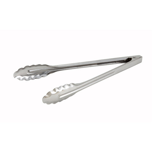 Product image #1 for Winco 12-Inch Medium-Weight Stainless Steel Utility Tongs with Scalloped Edge