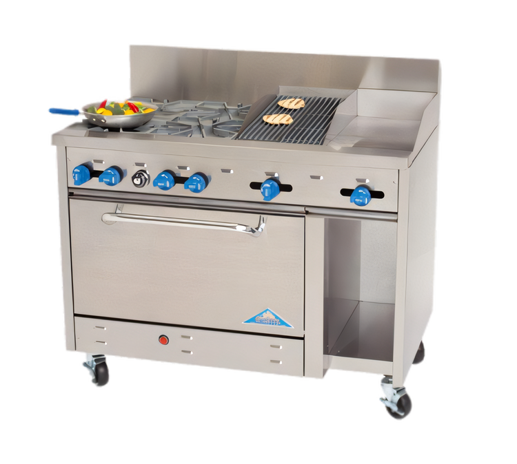 Product image #1 for Comstock-Castle 48-Inch Stainless Steel Commercial Gas Range with 2 Open Burners, 12-Inch Griddle, 24-Inch Char-Broiler and Oven