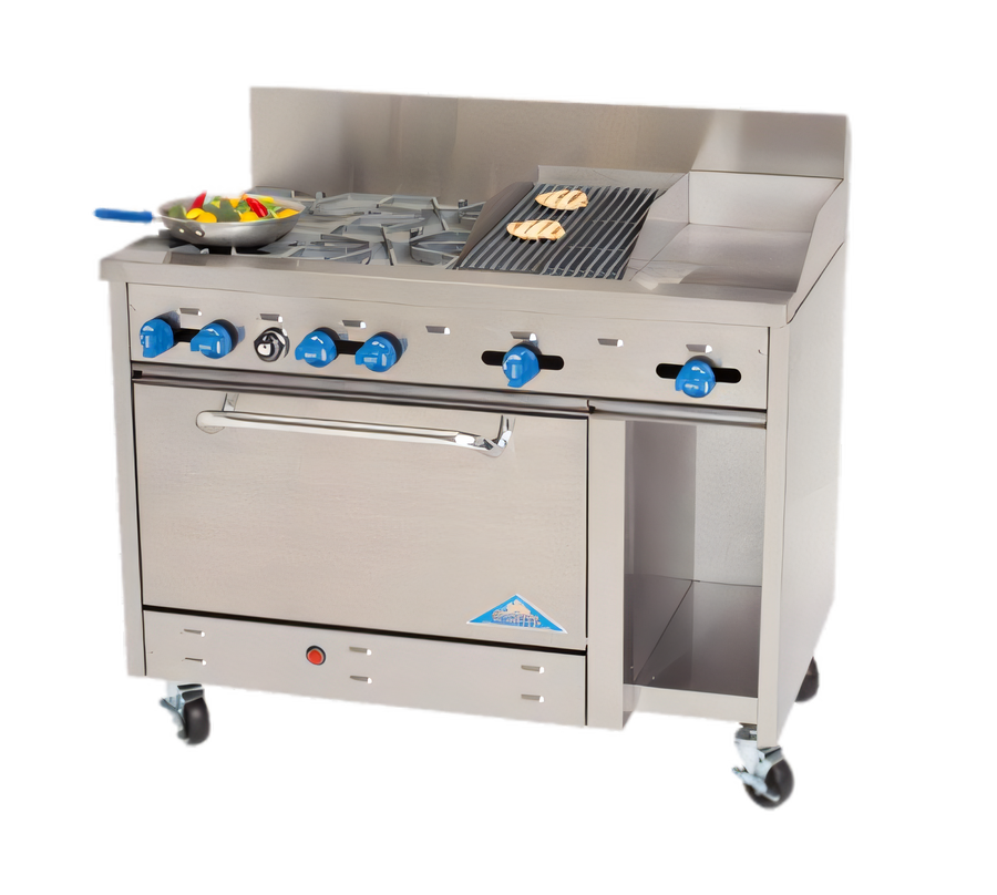 Product image #1 for Comstock-Castle 48-Inch Stainless Steel Commercial Gas Range with 2 Open Burners, 12-Inch Griddle, 24-Inch Char-Broiler and Oven