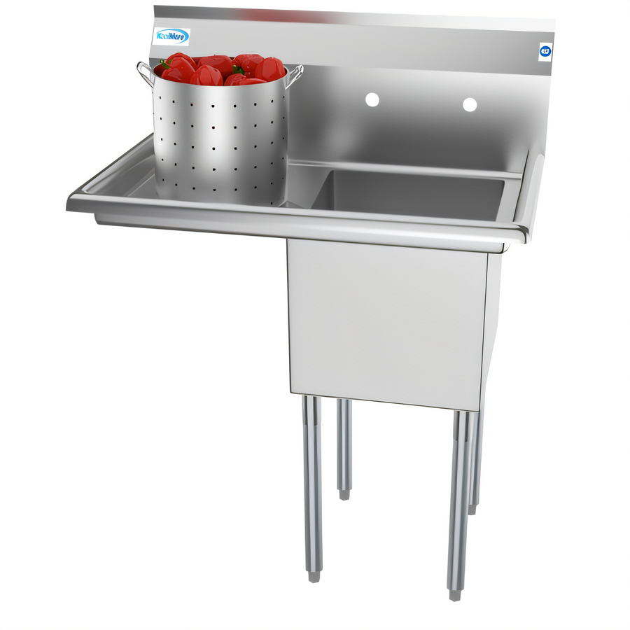 Product image #1 for KoolMore 1-Compartment Commercial Sink with Left Drainboard and Backsplash, 15 x 15 x 12 Bowl