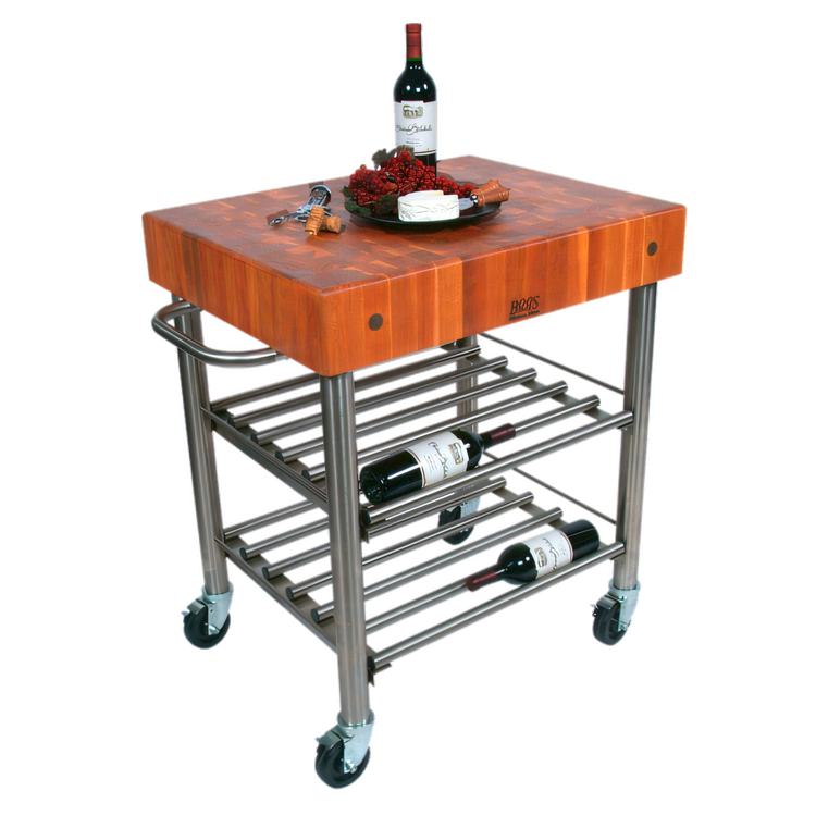 Product image #1 for Cucina D'Amico American Cherry End-Grain Butcher Block Wine Cart with Stainless Steel Base and Locking Casters