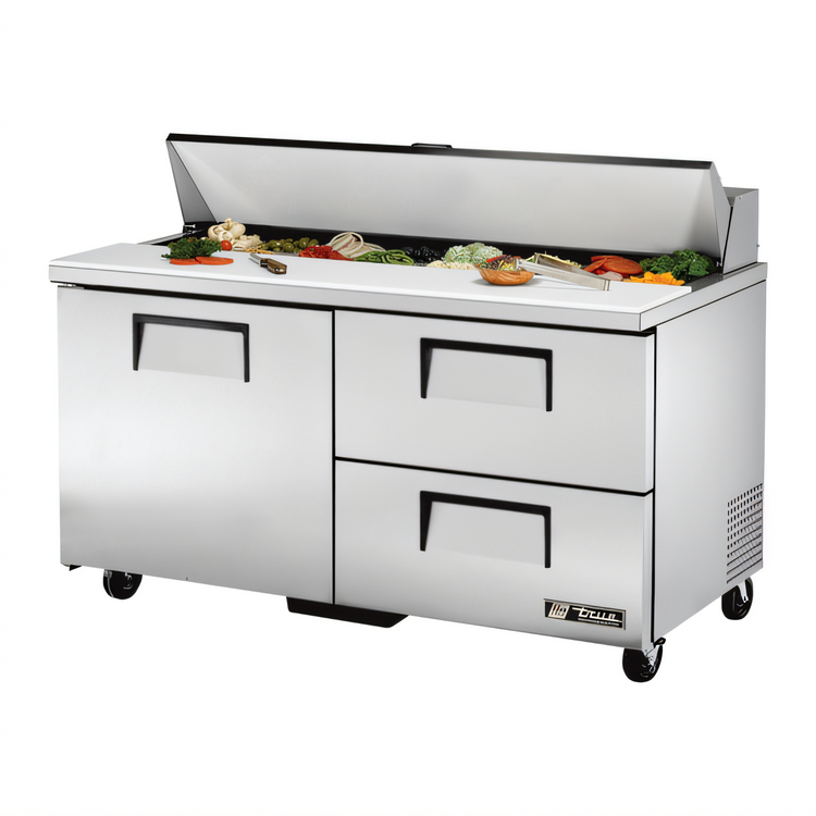 Product image #1 for True 60-Inch Wide 2-Section Refrigerated Prep Table with 1 Door, 2 Drawers, and 16 Sixth-Size Pan Top