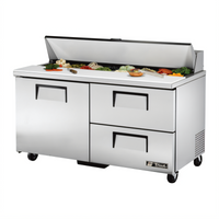 True 60-Inch Wide 2-Section Refrigerated Prep Table with 1 Door, 2 Drawers, and 16 Sixth-Size Pan Top