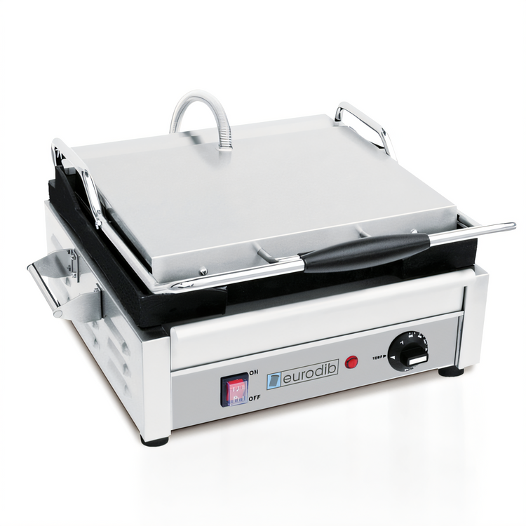 Product image #1 for Eurodib Commercial Countertop Electric Panini Press with Flat Top & Bottom Cast Iron Plates, 14 x 10 Inches