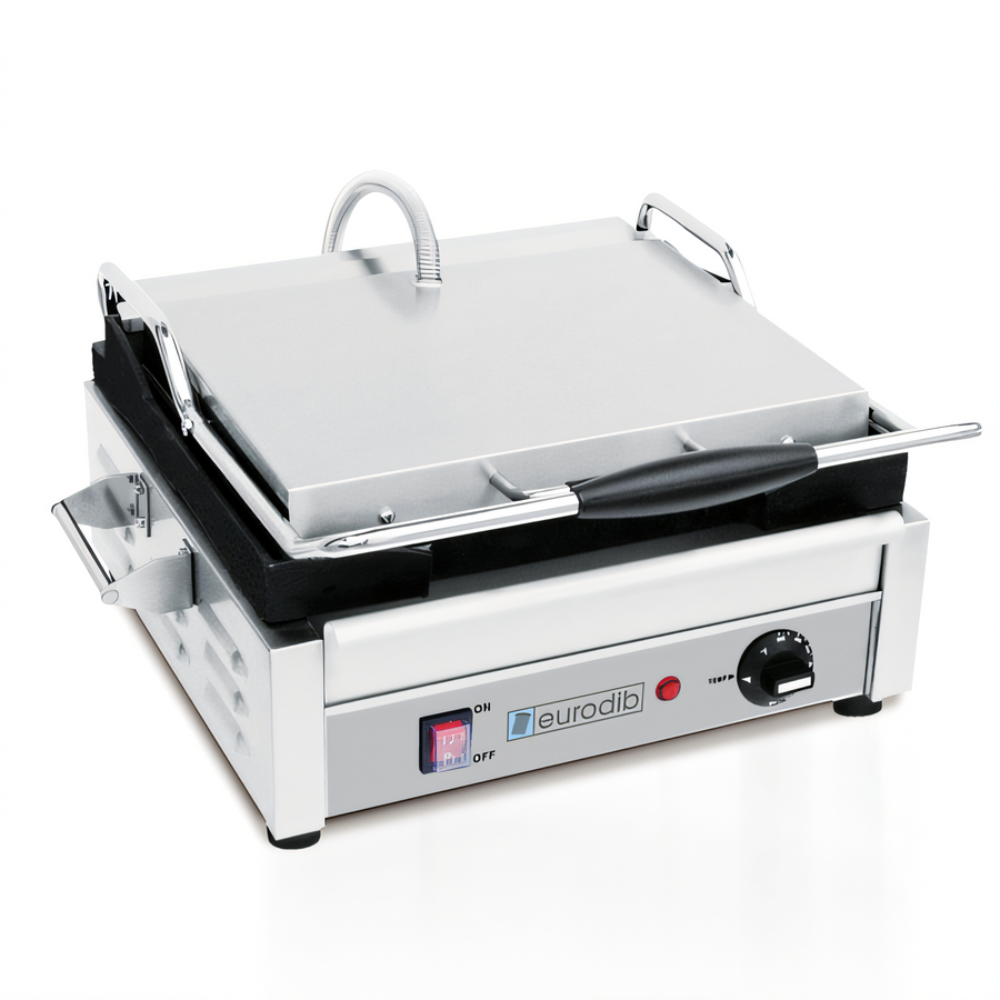 Product image #1 for Eurodib Commercial Countertop Electric Panini Press with Flat Top & Bottom Cast Iron Plates, 14 x 10 Inches