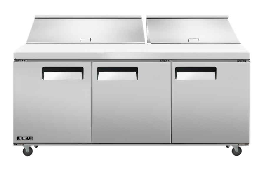 Product image #1 for Juneau 72-Inch Three-Section Stainless Steel Refrigerated Prep Table with Rear-Mount Self-Contained Refrigeration