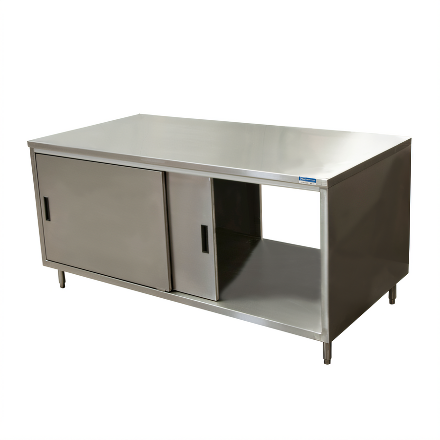 Product image #1 for BK Resources 72" x 36" Dual Access Stainless Steel Chef Table with Cabinet Base and Sliding Doors