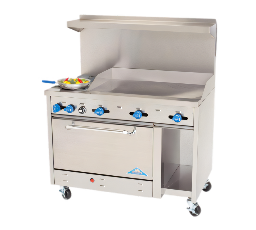 Product image #1 for Comstock-Castle 48-Inch Gas Range with 3/4-Inch Griddle, Standard Oven, Cabinet Base, and Back Riser High Shelf