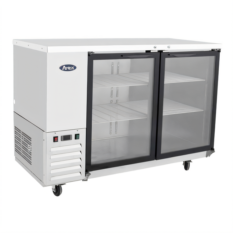 Product image #1 for Atosa Two-Section Shallow-Depth Back Bar Cooler with Locking Glass Doors, 15 Cu. Ft., Self-Contained Side-Mount Refrigeration