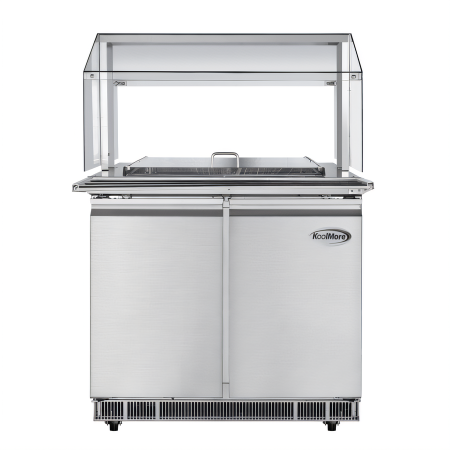 Product image #1 for KoolMore 36-Inch Commercial Refrigerated Prep Station with Sneeze Guard and Buffet Slide, 2-Door, 2-Section, Stainless Steel