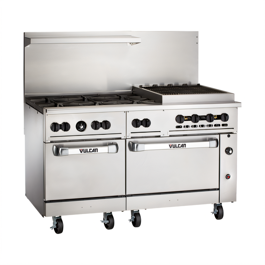 Product image #1 for Vulcan Endurance 60-Inch Natural Gas Commercial Gas Restaurant Range with 6 Open Burners, 24-Inch Charbroiler, Standard Oven and Convection Oven
