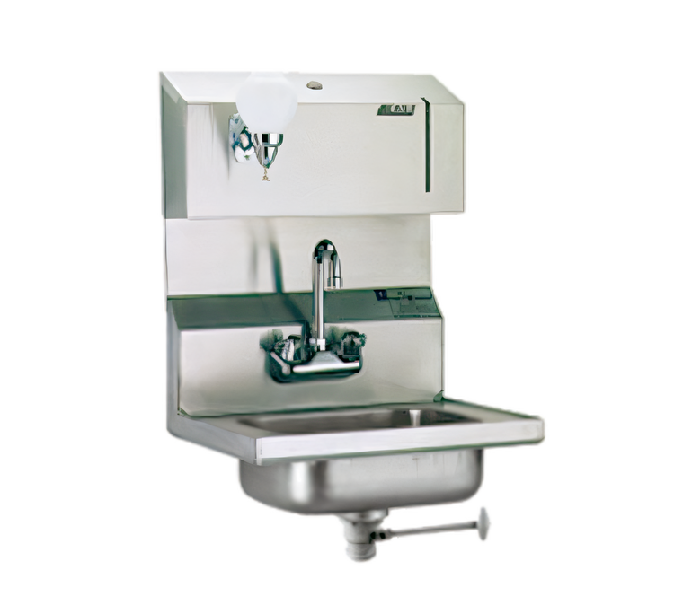 Product image #1 for Eagle Group Wall-Mounted 304 Stainless Steel Hand Sink with Towel and Soap Dispensers, Splash-Mount Gooseneck Faucet and Polymer Lever Drain