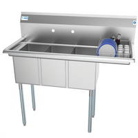 KoolMore 3-Compartment Commercial Stainless Steel Sink with 12-Inch Right Drainboard and Backsplash, 45 x 20 x 44-1/2 Inches