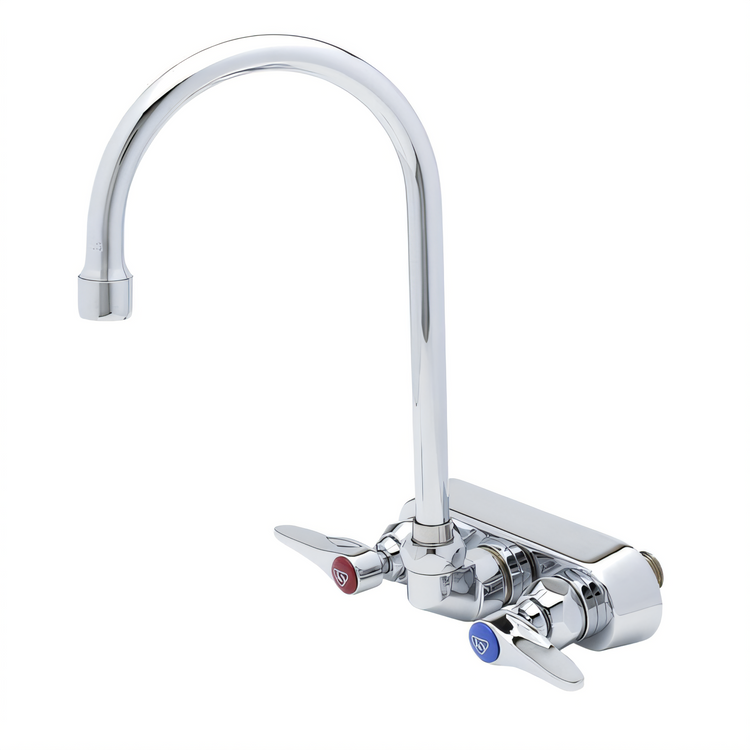 Product image #1 for T&S Brass 4-Inch Center Wall-Mount Workboard Faucet with 5-3/4-Inch Swivel Gooseneck, 2.2 GPM Aerator, and Lever Handles