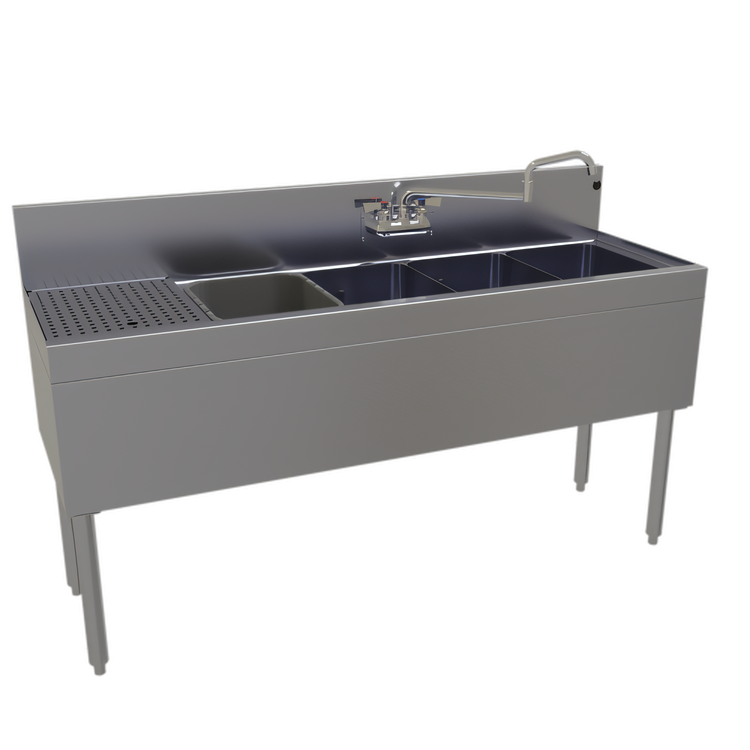 Product image #1 for Glastender Stainless Steel Four-Compartment Underbar Sink Unit with Left Drainboard, 60-Inch x 19-Inch