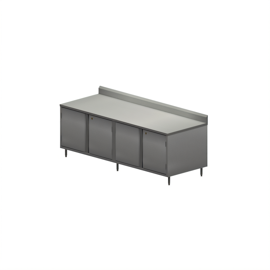 Product image #1 for BK Resources Chef Table with Cabinet Base, Hinged Doors and Locks, 120 x 30 Inch, 304 Stainless Steel, 5 Inch Back Riser