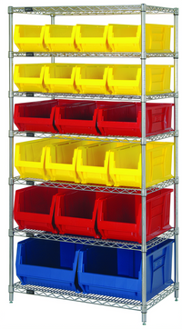 Quantum 36 x 24 x 74 Inch Chrome Plated Stationary Bin Wire Shelving System with 7 Shelves