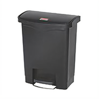 Rubbermaid Commercial Slim Jim 8 Gallon Resin Front Step Trash Can with Hinged Lid, Black