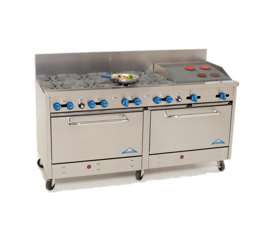 Product image #1 for Comstock-Castle 72-Inch Commercial Gas Range with 8 Open Burners, 24-Inch Char-Broiler, and 2 Extra-Wide Ovens
