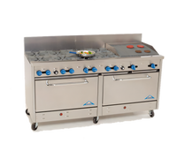Comstock-Castle 72-Inch Commercial Gas Range with 8 Open Burners, 24-Inch Char-Broiler, and 2 Extra-Wide Ovens