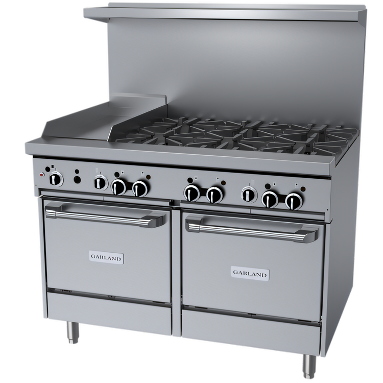 Product image #1 for Garland Starfire Pro 48-Inch Commercial Gas Restaurant Range with 6 Open Burners, 12-Inch Thermostatic Griddle, and 2 Space Saver Ovens