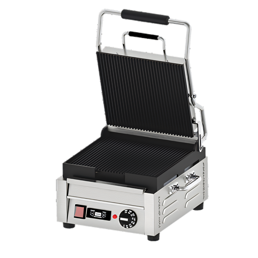 Product image #1 for Omcan Single Commercial Panini Press with Grooved Cast Iron Plates, 10 x 11 Inch Cooking Surface, 120V