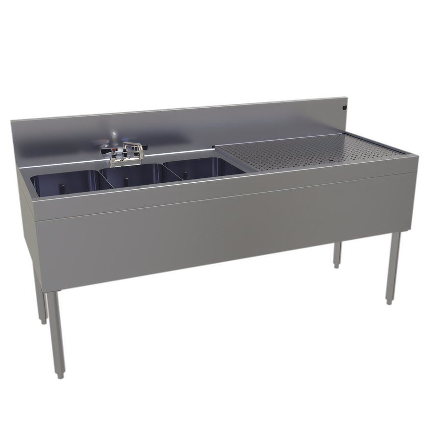 Product image #1 for Glastender Three-Compartment Stainless Steel Underbar Sink Unit with Right Drainboard and Faucet, 66 Inch x 24 Inch