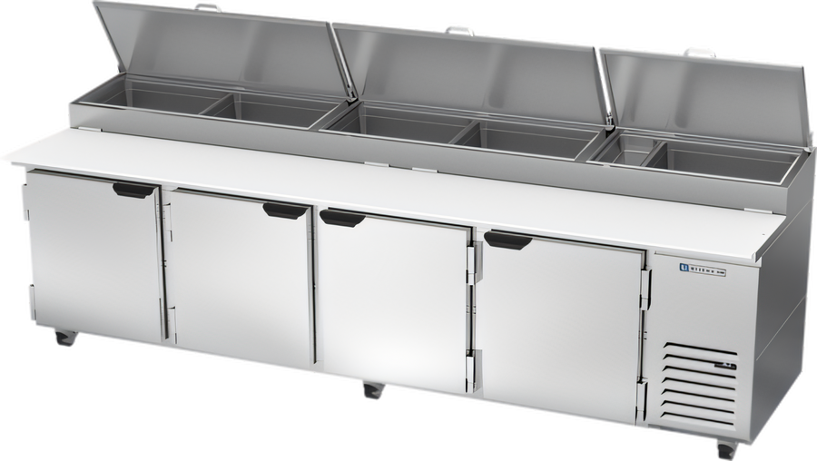 Product image #1 for Beverage-Air DP119HC Four-Door Deli/Pizza Prep Table, 119-Inch, 42.2 Cu. Ft., Side-Mounted Self-Contained Refrigeration