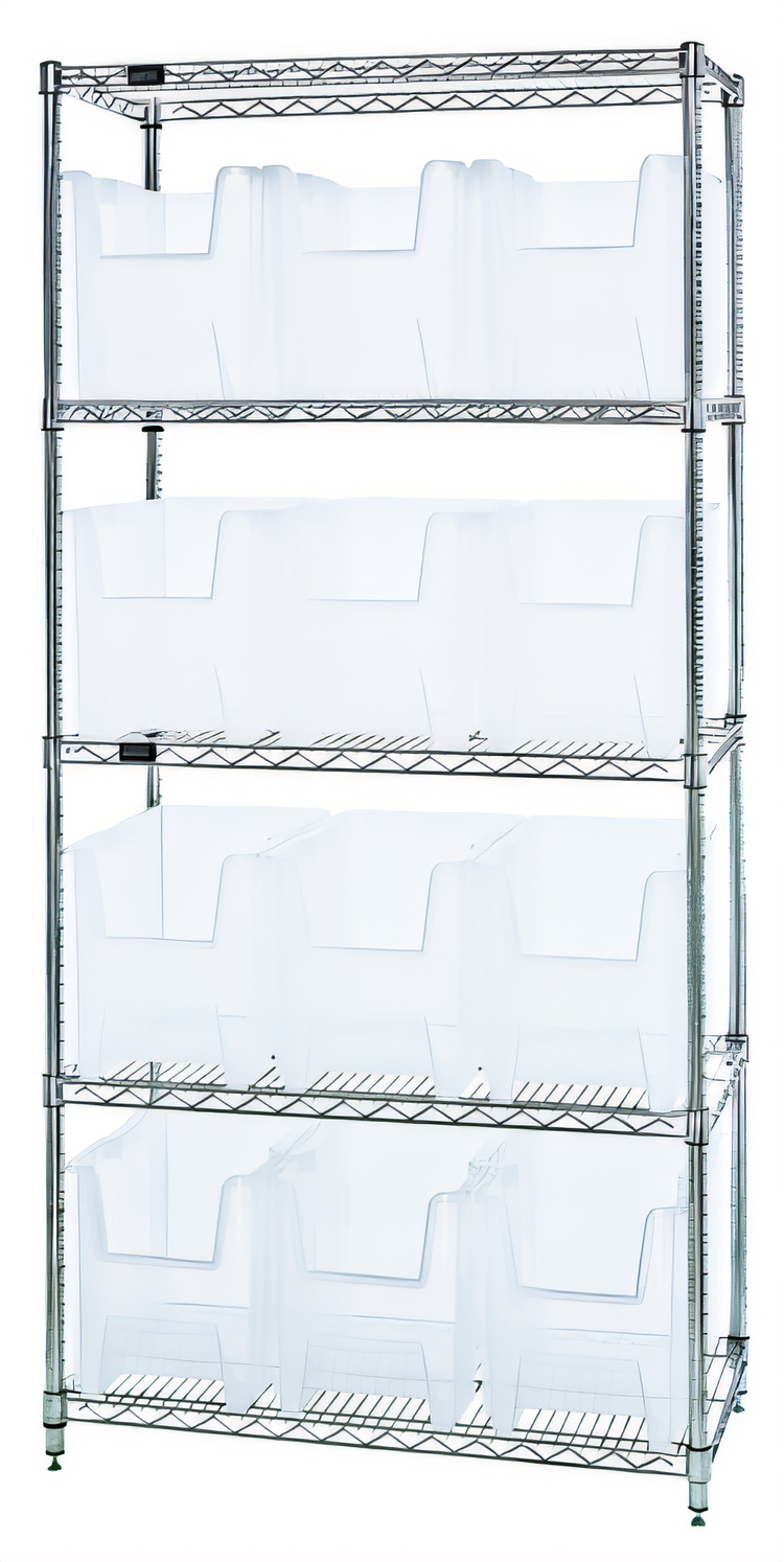 Product image #1 for Quantum 36" W x 18" D x 74" H Stationary Chrome Bin Wire Shelving System with 5 Shelves and 12 Clear Bins
