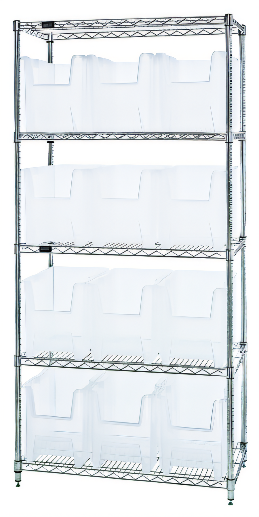 Product image #1 for Quantum 36" W x 18" D x 74" H Stationary Chrome Bin Wire Shelving System with 5 Shelves and 12 Clear Bins