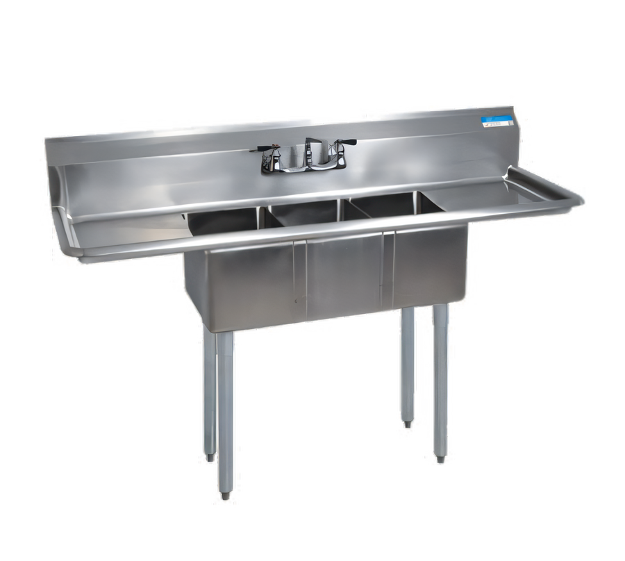 Product image #1 for BK Resources 18-Gauge Stainless Steel Three-Compartment Convenience Store Sink with Dual 15-Inch Drainboards, 60-Inch Wide