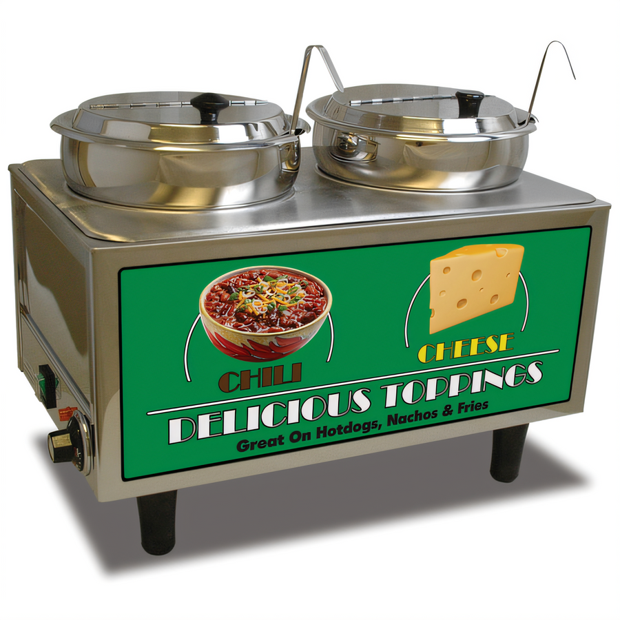 Product image #1 for Benchmark Twin 7 Qt Wet Chili & Cheese Warmer with 2 Ladles and Hinged Lids