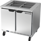 Thumbnail image #1 for Beverage Air SPE36HC-S Two-Section 36-Inch Salad Top Refrigerated Prep Table, Solid Doors, 1/3-Size Pans, Rear-Mounted R290 Refrigeration