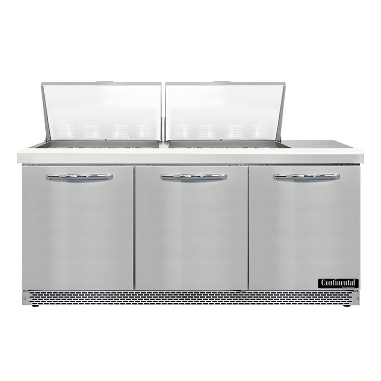 Product image #1 for Continental Refrigerator Mighty Top SW72N24M-FB 72" Three-Section Front Breathing Sandwich Unit with Solid Doors and 24 Pan Capacity