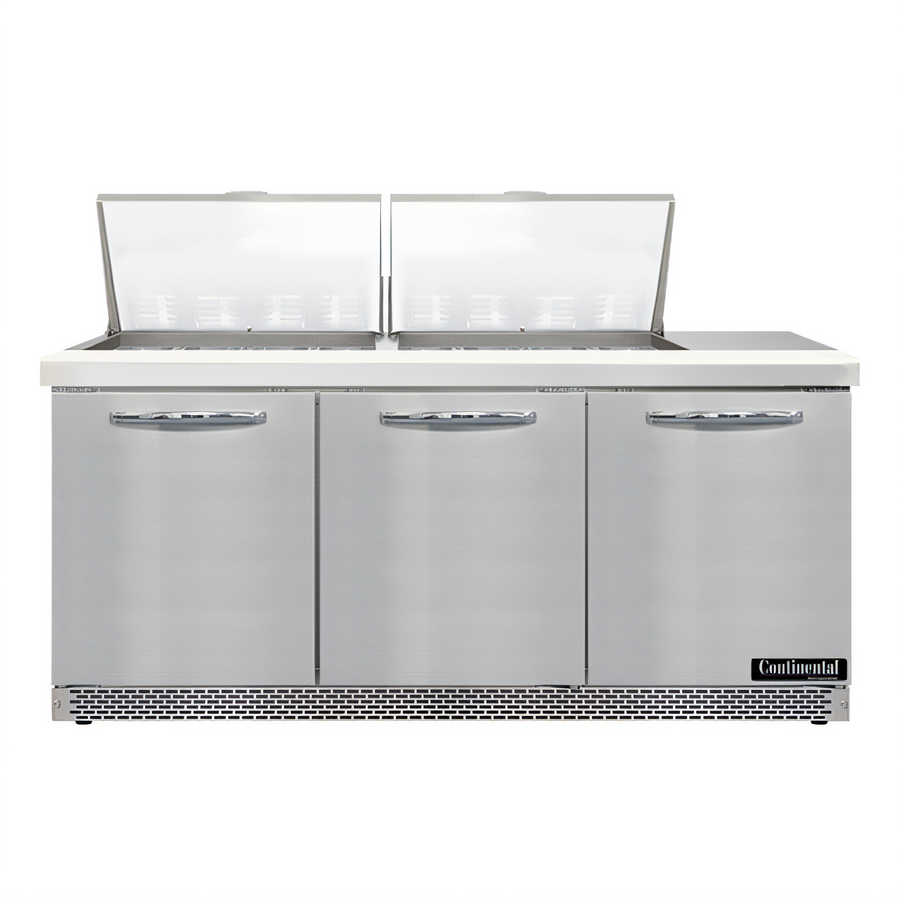 Product image #1 for Continental Refrigerator Mighty Top SW72N24M-FB 72" Three-Section Front Breathing Sandwich Unit with Solid Doors and 24 Pan Capacity