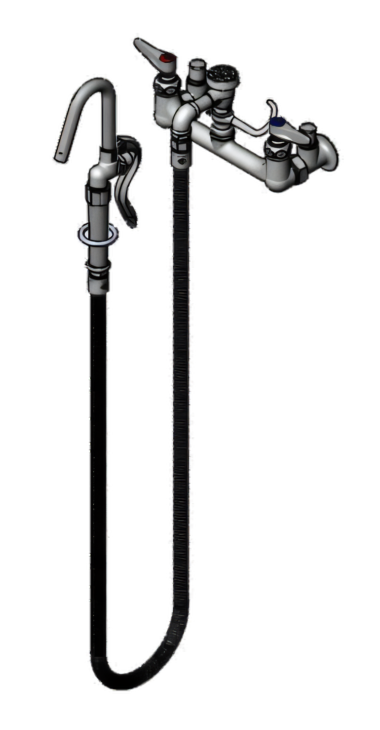 Product image #1 for T&S Brass Splash-Mounted Pot and Kettle Filling Faucet, 8-Inch Centers, 68-Inch Flexible Hose, Vacuum Breaker, Self-Closing Hooked Nozzle
