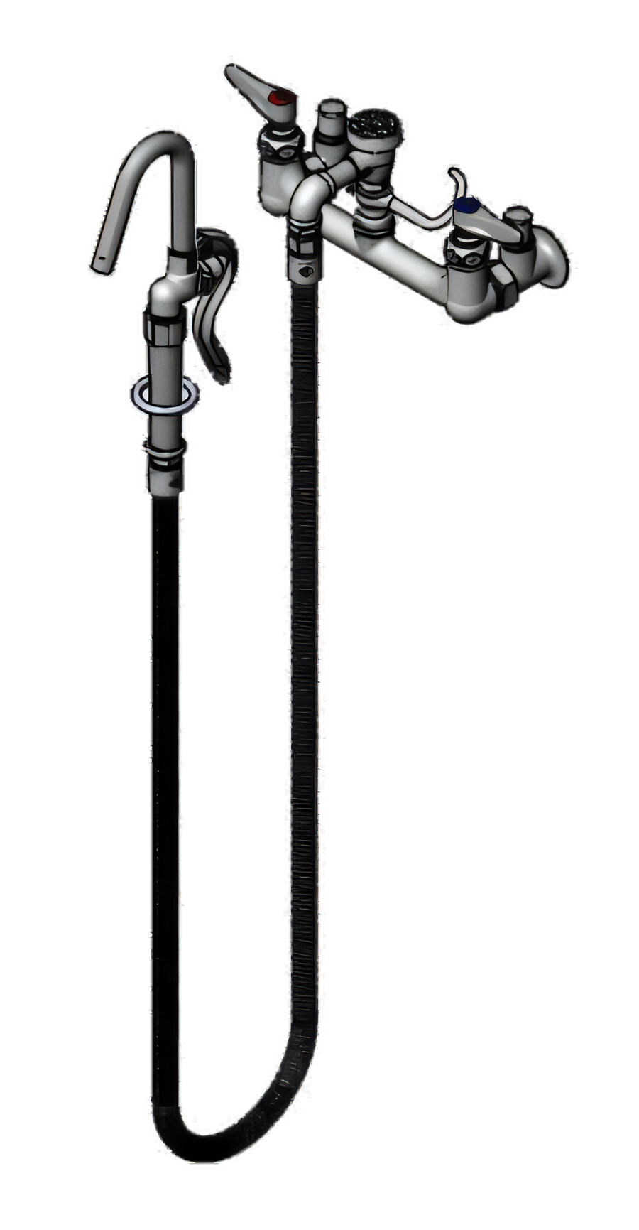 Product image #1 for T&S Brass Splash-Mounted Pot and Kettle Filling Faucet, 8-Inch Centers, 68-Inch Flexible Hose, Vacuum Breaker, Self-Closing Hooked Nozzle