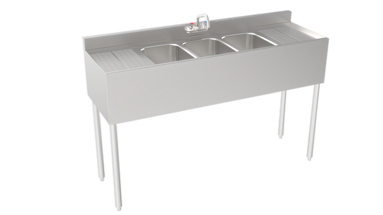 Product image #1 for Krowne Silver Series Three-Compartment Underbar Bar Sink with Left and Right Drainboards, 60-Inch W x 18.5-Inch D