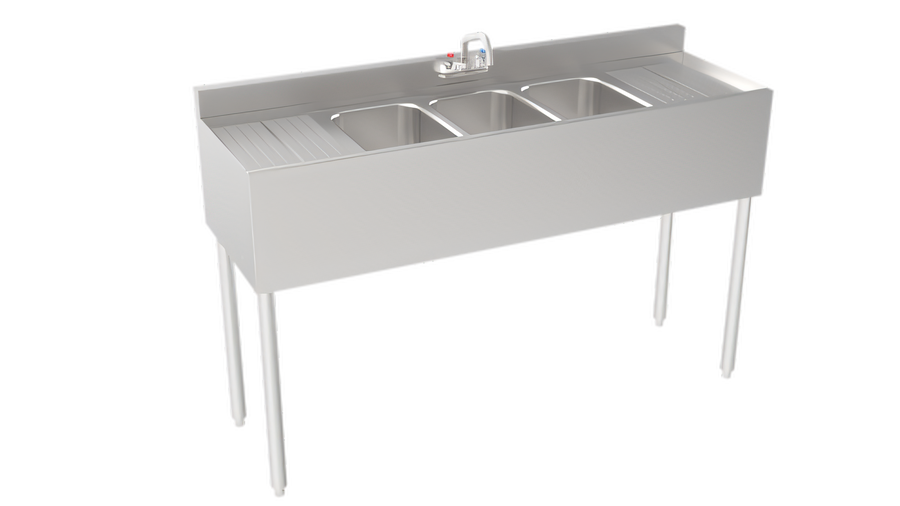 Product image #1 for Krowne Silver Series Three-Compartment Underbar Bar Sink with Left and Right Drainboards, 60-Inch W x 18.5-Inch D