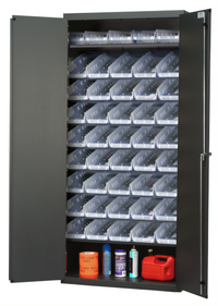 Quantum Heavy-Duty Upright Bin Cabinet with 45 Clear Bins, 36W x 18D x 78H